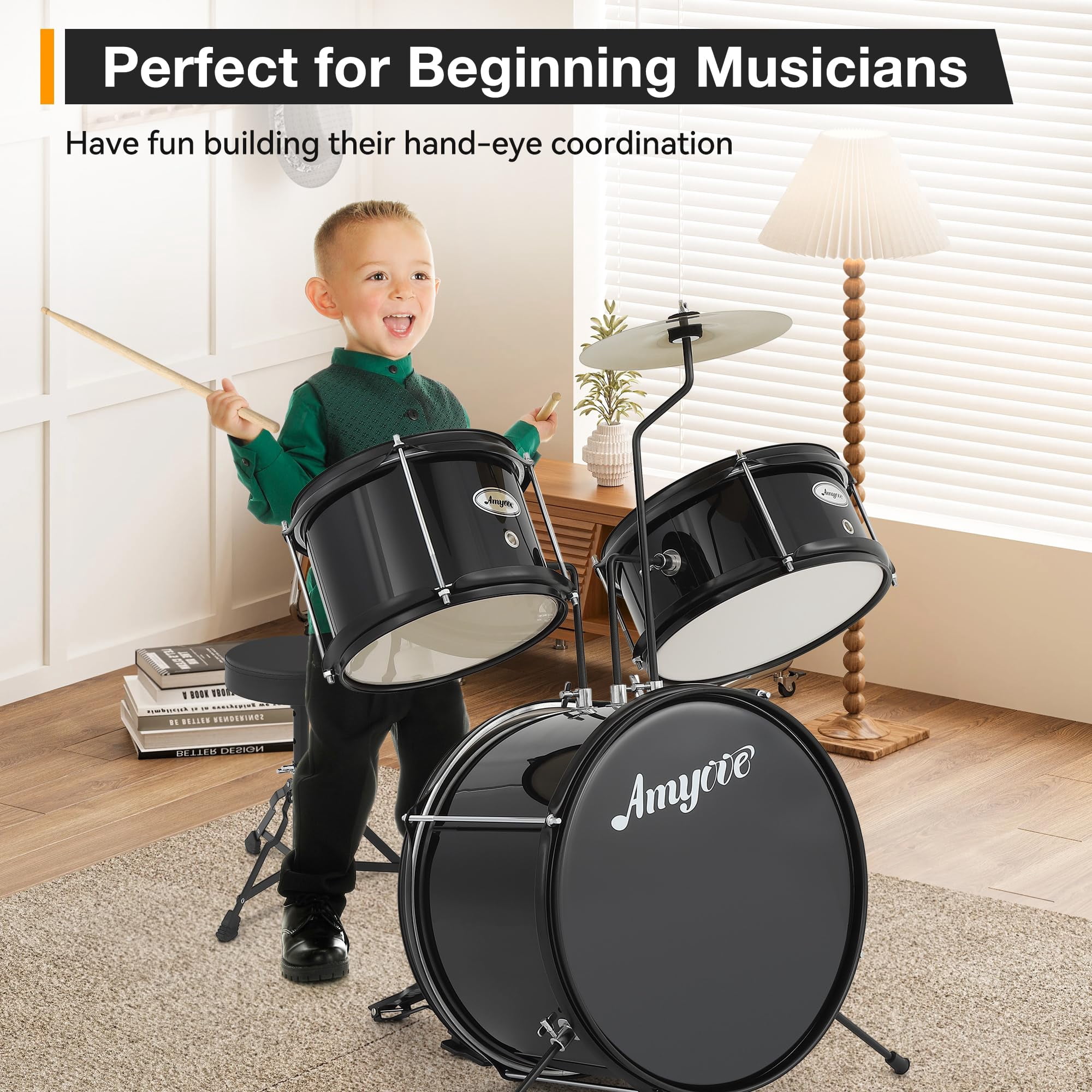 Studyset Drum Set for Beginners,1 Wood/Metal AD-100 Three Drums Set,Beginner Set Includes Bass,2 Toms,Cymbal,Sticks,Bass Pedal and Stool,Percussion Musical Instrument Birthday Playsetl(3-Piece)