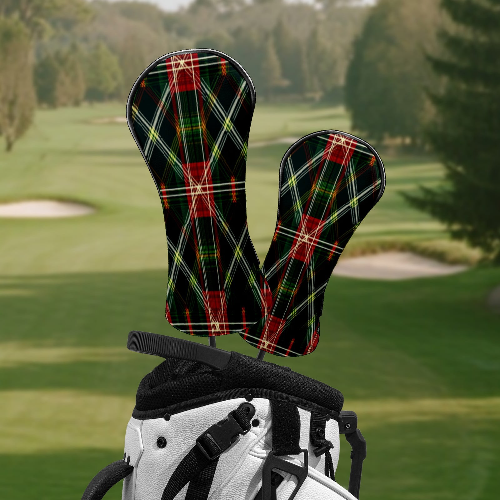 Golf Head Covers for Woods and Driver Waterproof Leather Golf Club Head Covers for Women Men Golf Driver Fairway Wood Headcover Dark Green Tartan Design