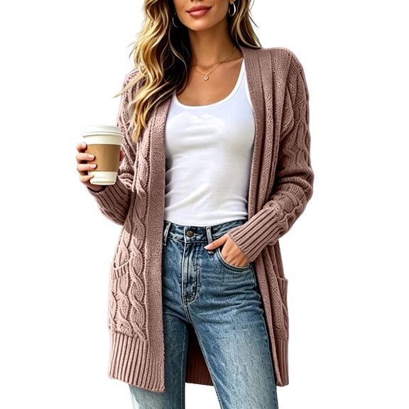 Cable Knit Cardigan Women Plus Size Open Front Chunky Long Sweater Warm Winter Sweater Jacket with Pockets for Office, Holiday Pink L