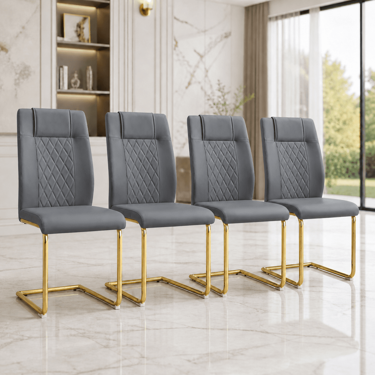 JUFU Set of 4 Gray Faux Leather Dining Chairs with Gold Legs, Modern High Back Armless Chairs for Kitchen or Dining Room