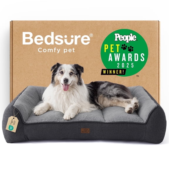 U by Bedsure Orthopedic Dog Bed for Extra Large Dogs - Extra Thick Foam XL Pet Couch Sofa with Bolster Sides, Waterproof Washable Sherpa Cover, Grey, 42"