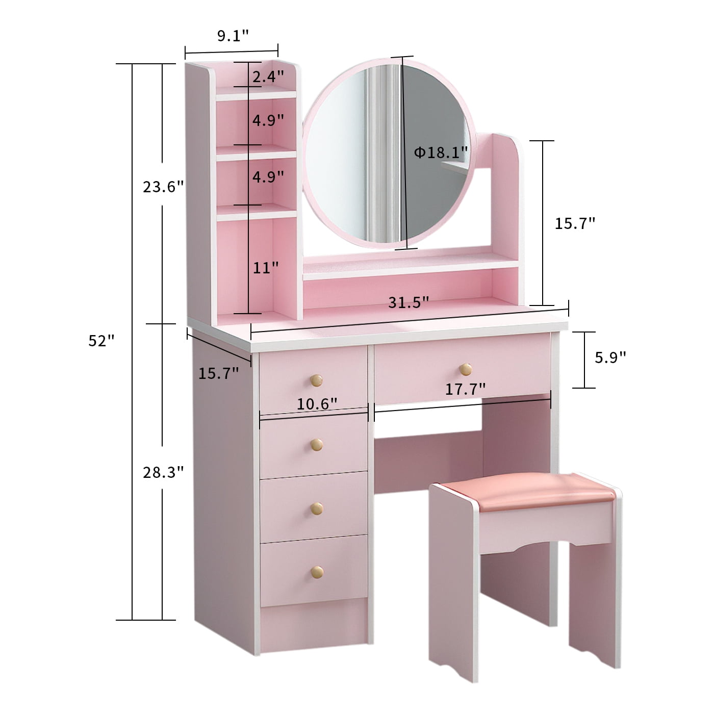 OXYLIFE Makeup Vanity Set with Mirror,Dressing Table with 5 Drawers,Storage Desk for Bedroom,Pink