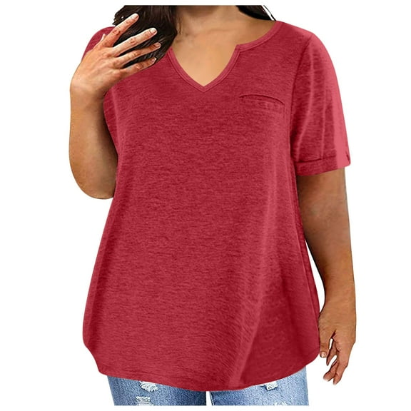 Lenpel Women's Plus Size T Shirts V Neck Short Sleeve Solid Color Casual Tee Tops Loose Tunic Blouses