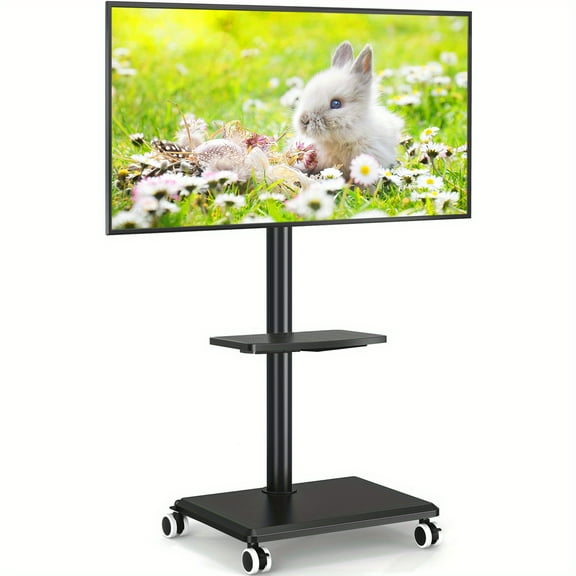 Rfiver Universal Rolling TV Stand - Swivel Tilt & Height Adjustable for 32-60" Screens - No-Drill Space-Saving Shelf for Living Room, Bedroom, Office