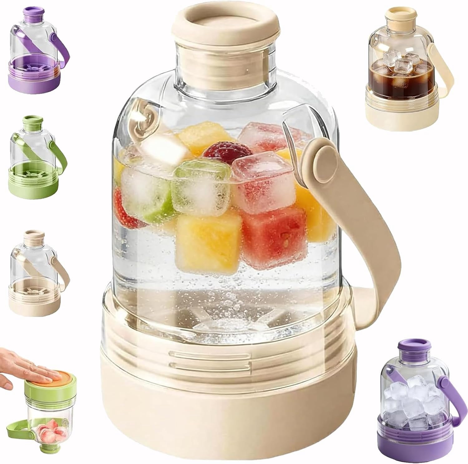 Multifunctional Transparent Water Bottle Ice Maker with Ice Tray, 2-in-1 Portable Ice Cube Bottle with Handle, Touch-Free Press Release Silicone Mold, Leak-Proof for Travel Gym Office Home (Green)
