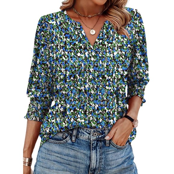 Top WIHOLL Primavera-Verano con estampado floral de manga 3/4 y cuello en V para mujer