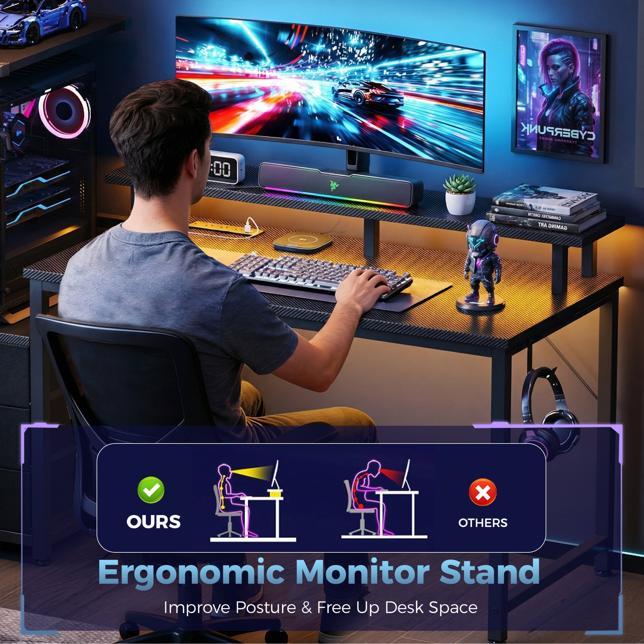 edx 59" Gaming Desk, USB Ports & LED Lights, Reversible Table with Monitor Stand for Home Office, Carbon Fiber Black