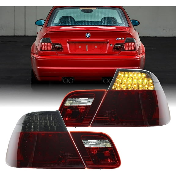 DEPO 00-03 E46 2D Tail Lights - Euro Style Smoke LED Upgrade Rear Tail Lamps Set (Left   Right, Inner   Outer) Compatible with 2000-2003 BMW E46 3 Series 2 Doors Coupe (Red/Smoke Lens, Total 4 Pieces)
