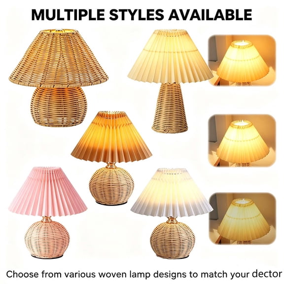 Portable Bamboo Table Lamp, Handmade Boho Rattan Bedside Lamp, Rechargeable Vintage Wicker Wooden Nightstand Lamp for Bedroom Living Room Desk Entrance
