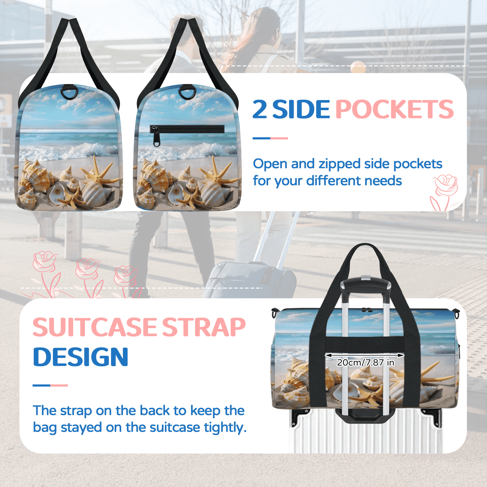 Herdesigns Starfish Beach Theme Gym Bag for Women, Duffle Bag for Travel Sport, Lightweight Waterproof Carry on Weekender Overnight Dance Yoga Workout Bags