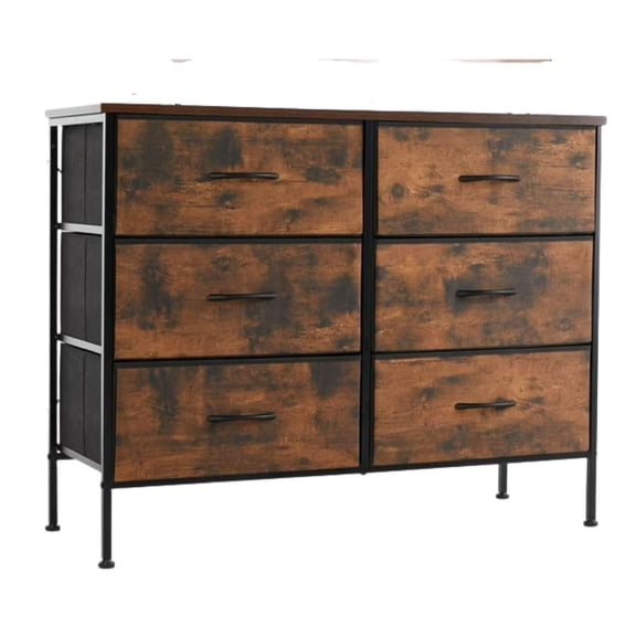 6 Drawer Fabric Dresser Retro Wood - Bedroom Storage Organizer - Closet Chest for Clothes, Entryway, Living Room