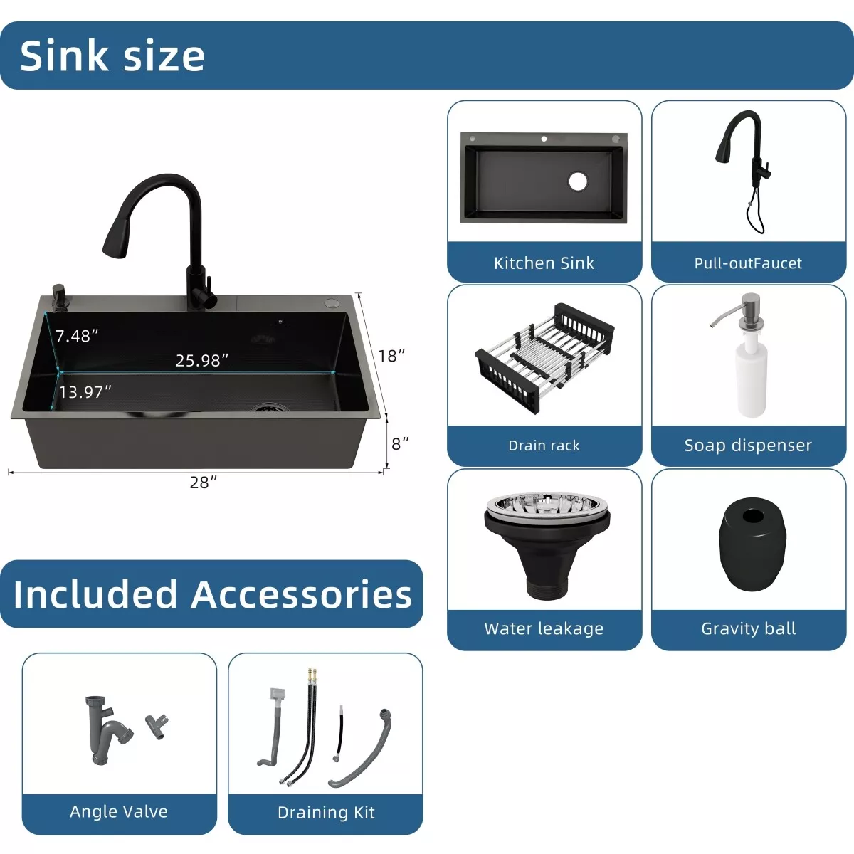 lemontalking 28" Drop In Kitchen Sink Stainless Steel Single Bowl Top Mount Black