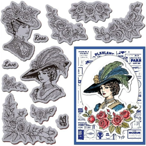 Vintage Lady Cling Rubber Stamp Rose Corner EVA Cling Mount Stamps Floral Hat Rubber Stamp Set for Card Making Photo Album Decor Decoration DIY Scrapbooking