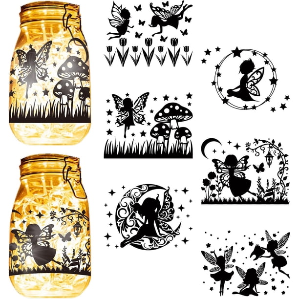 12 pegatinas pequeñas de silueta de hada para tarros de cristal, diseño de hongo ángel negro, autoadhesivas de PVC, para albañil.