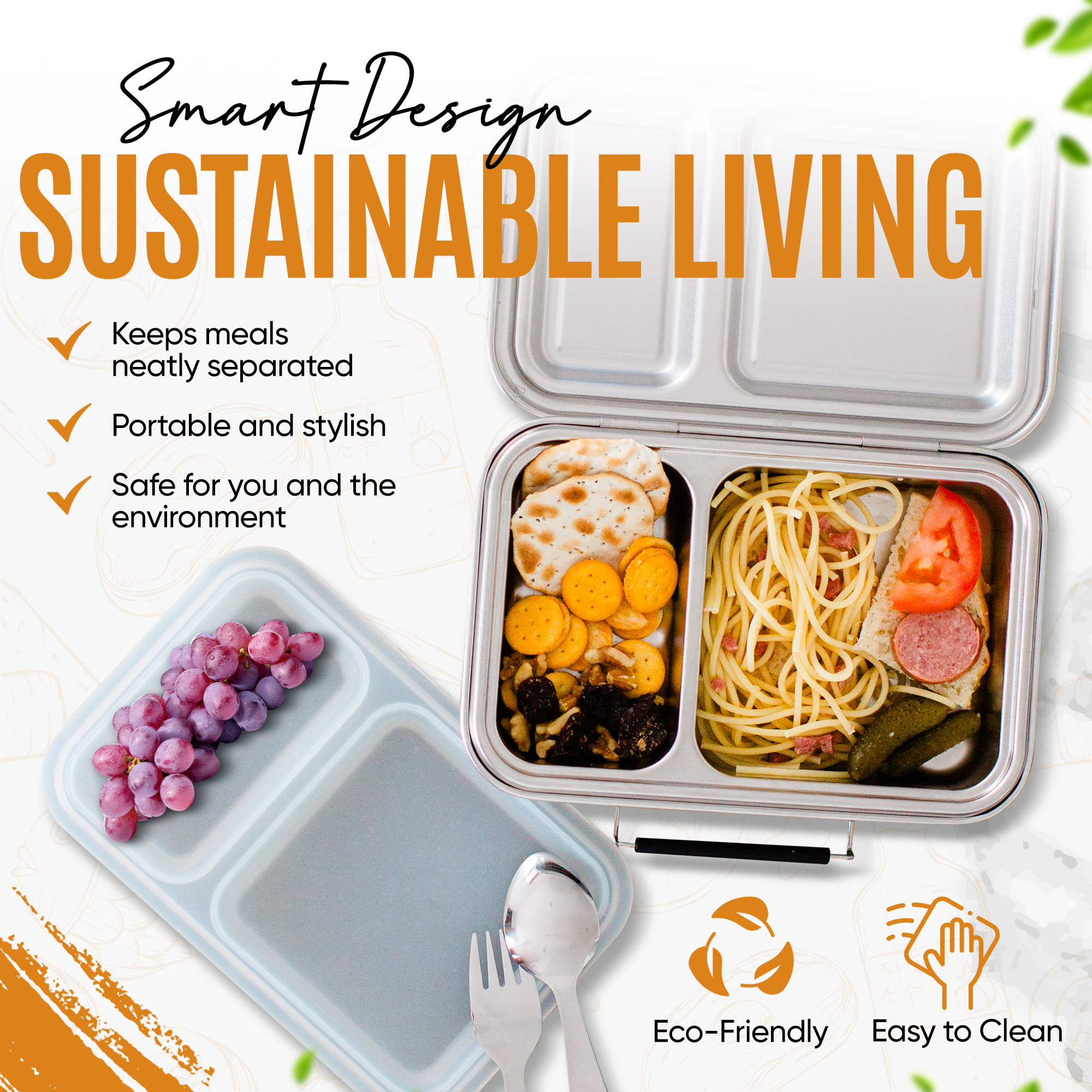 ZandH Global Stainless Steel Bento Lunch Box, 2 Compartments w/Utensils, Leak Resistant and Dishwasher Safe.