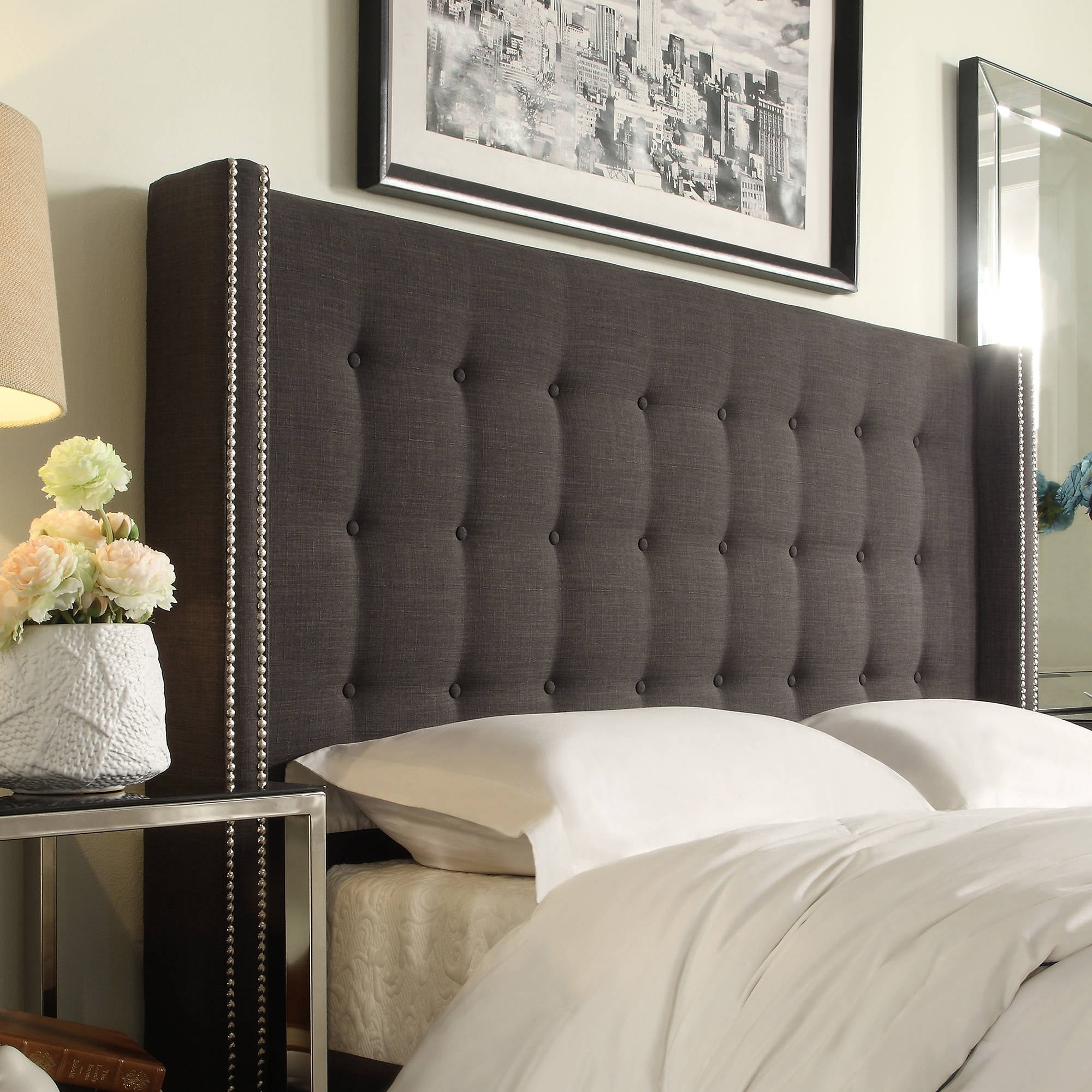 Full/Queen Size Linen Fabric Upholstered Headboard Bedroom Furniture Grey 