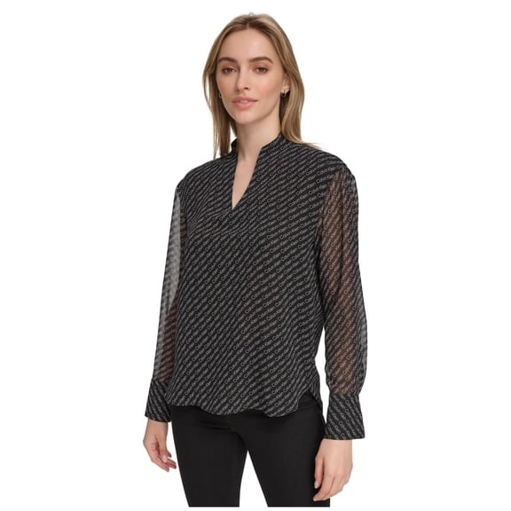 Calvin Klein Womens Logo Split Neck Pullover Blouse, Black, X-Small