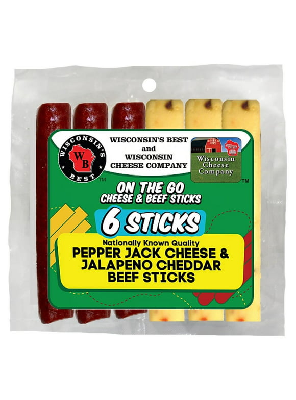 Wisconsin's Best Six Sticks Pepper Jack Cheese & Jalapeno Cheddar Beef Stick Pack, 6 oz, 4 ct, Shelf Stable