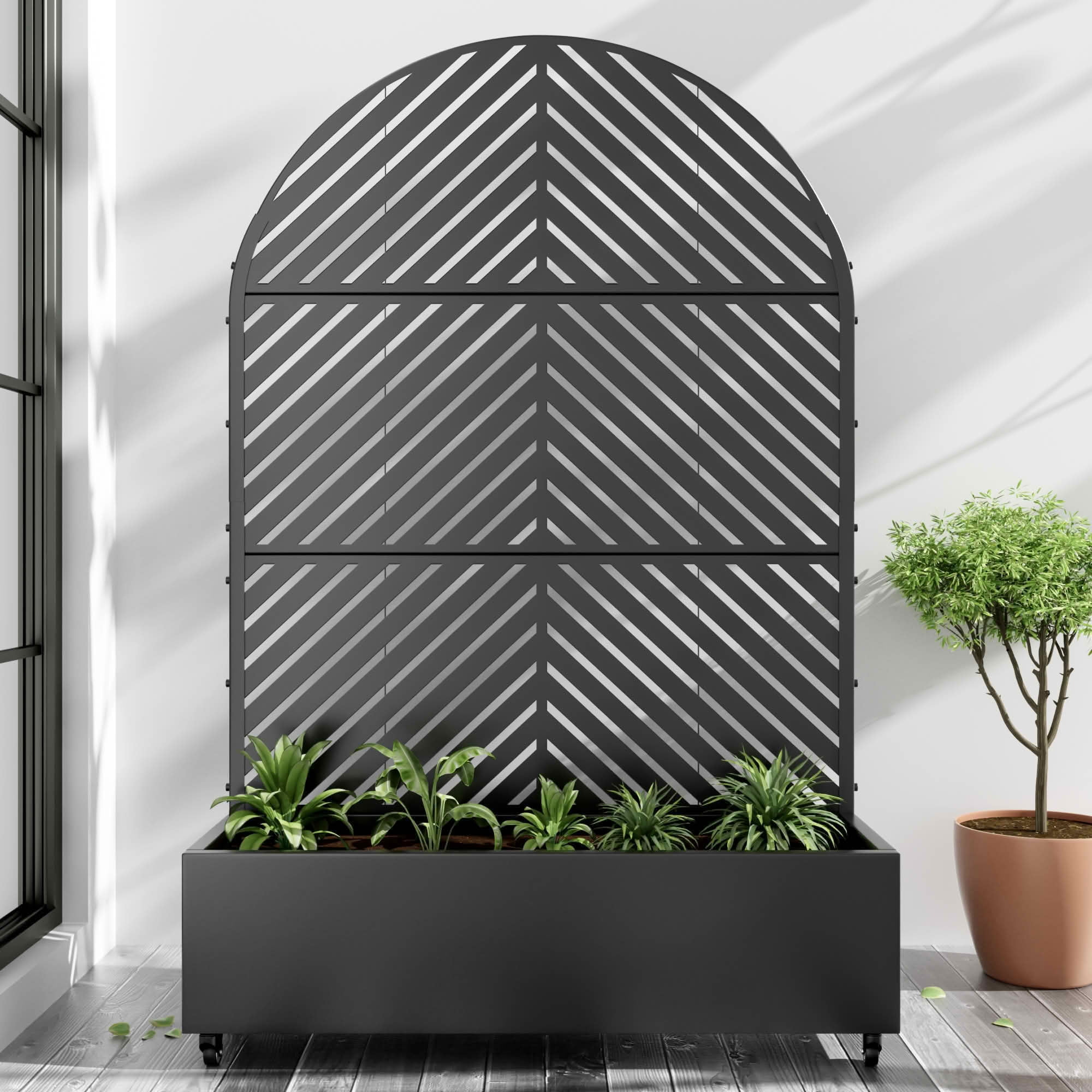 MAYEERTY 72x47x16 Inch Black Metal Arched Planter Box with Trellis, 3 Piece Set for Outdoor Garden & Patio