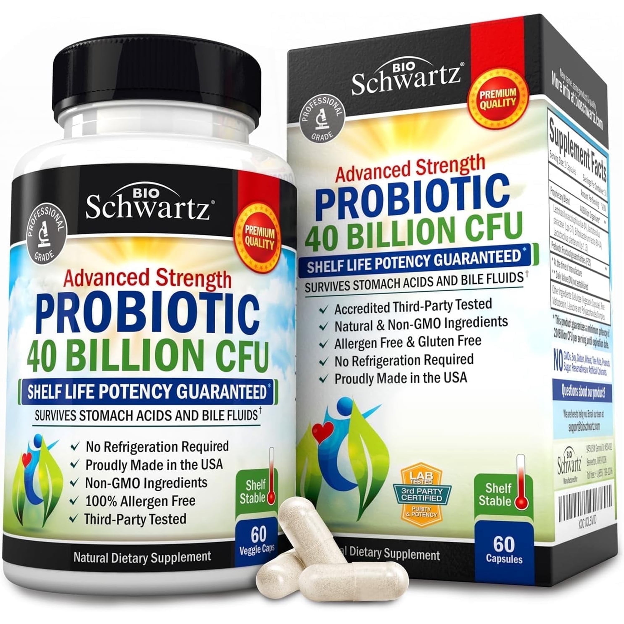 BioSchwartz Advanced Strength Probiotic Capsules, Prebiotics and Probiotics for Women and Men, 40B CFUs, 60 Count