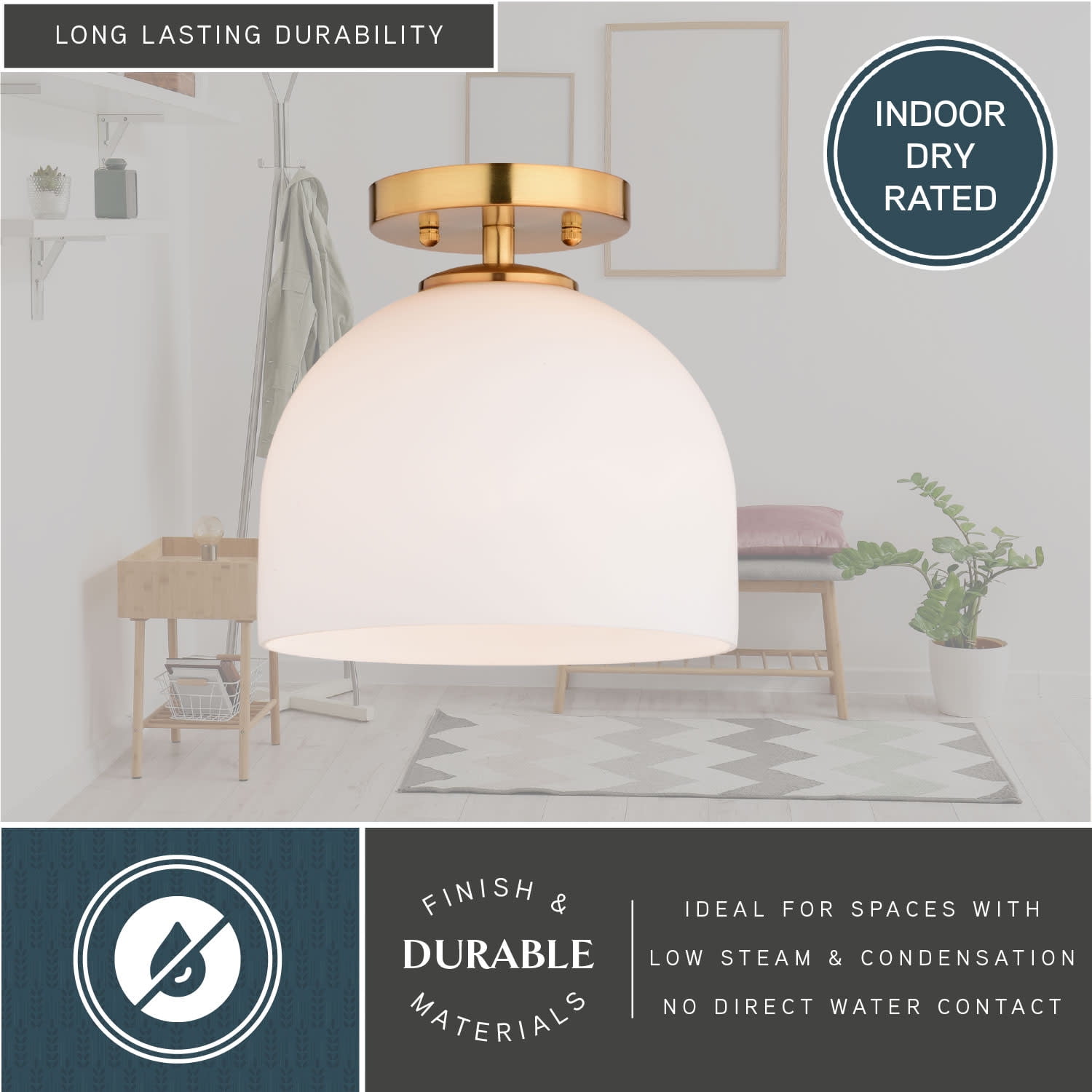 Shelby 9.25-in W Gold Brass Transitional Semi Flush Mount Ceiling Light White Glass