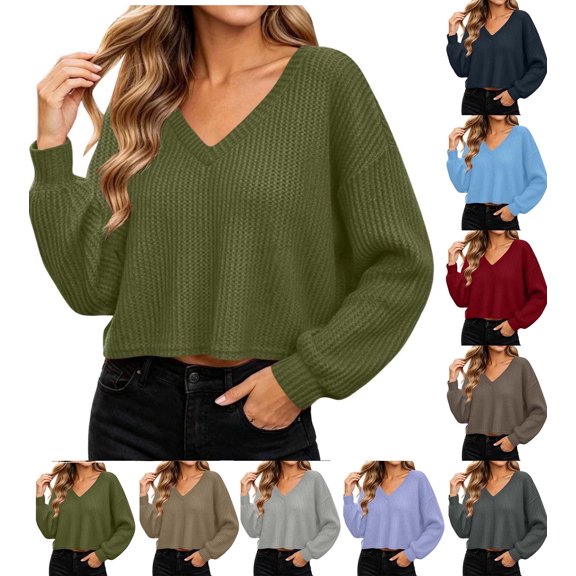 XRoczxe Women’s V‑Neck Long Sleeve Waffle Knit Crop Top, Casual Solid‑Color Loose Cropped Pullover Shirt