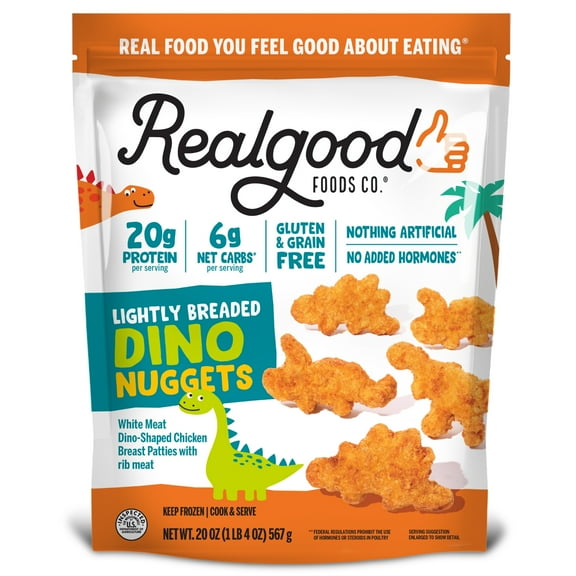 Realgood Foods Co. Lightly Breaded Dino Chicken Nuggets, 20 oz Bag (Frozen)