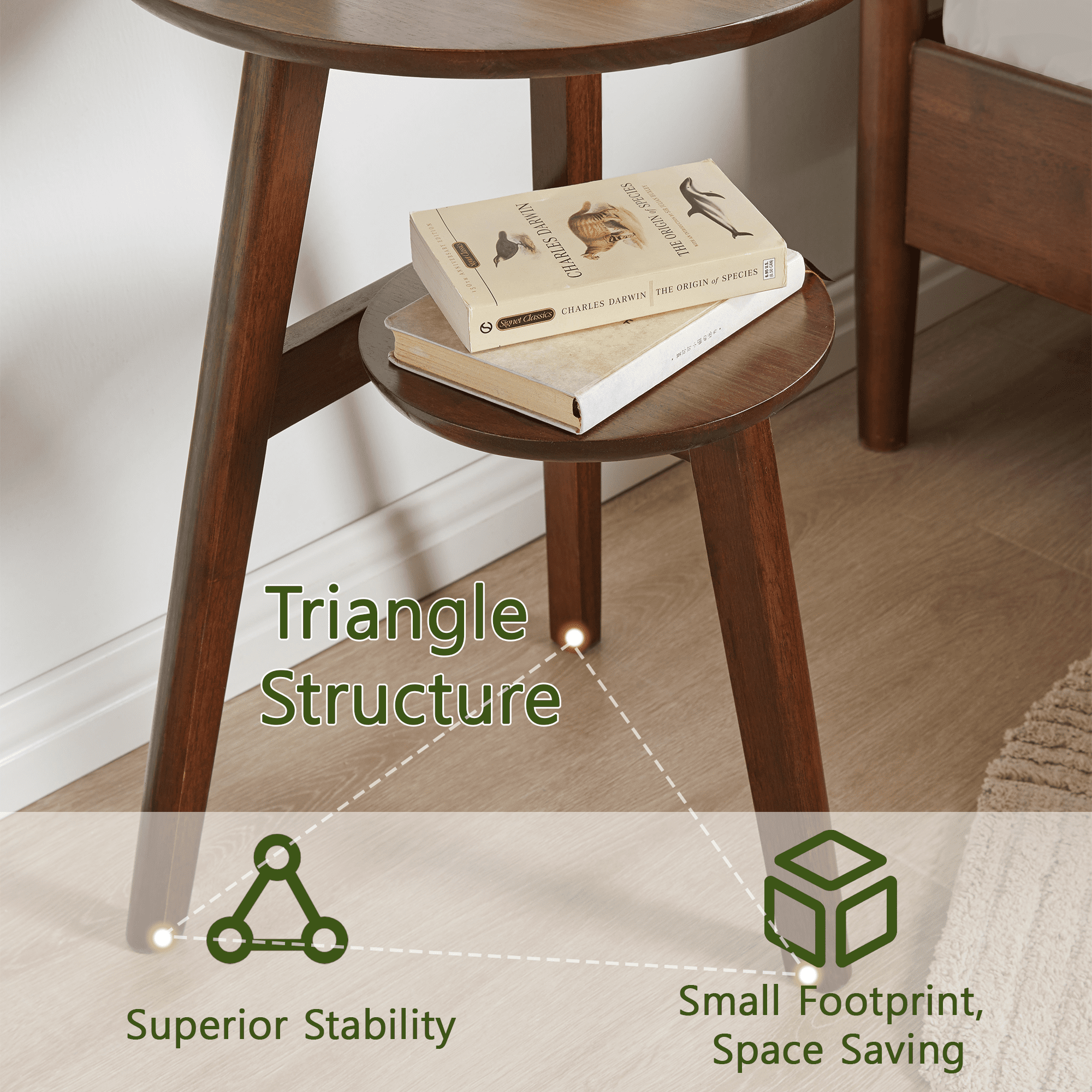 Leumius 2-Tier Wood Round Side Table,End Table,Nightstand with Lower Storage Shelf,Living Room/Bedroom,Walnut