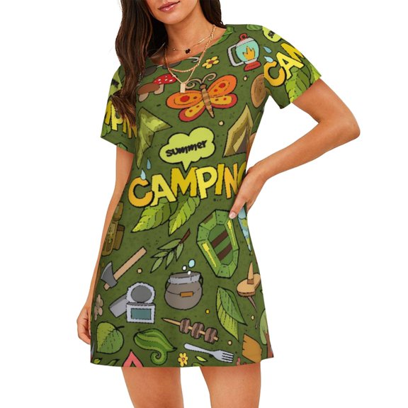 Hirioo Camping 1 for Women’s Nightdress Comfortable Short Sleeve Nightwear Casual Sleep Dress