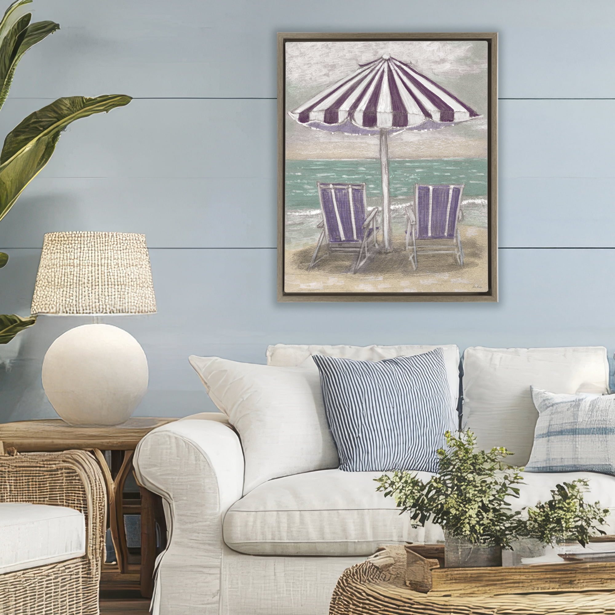 Stupell Industries Umbrella & Chairs on Beach Brown Framed Floater Canvas Wall Art, design by Patti Bishop