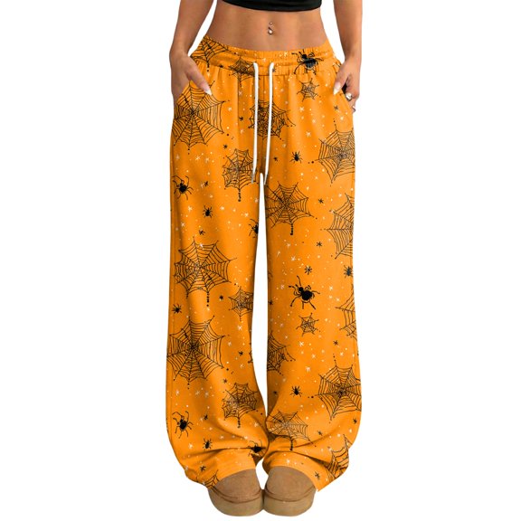 Fabrcox Halloween Pajamas Pants for Women Funny Pumpkin Ghost Spider Web Women's Lounge Pants Spooky Comfy Fall Winter Wide Leg Women's Sleep Pants
