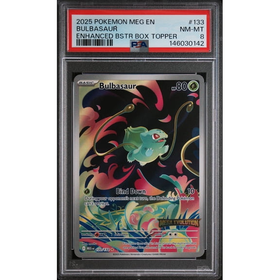 Graded 2025 Pokemon Mega Evolution Bulbasaur Enhanced Bstr Box Topper PSA 8 #133