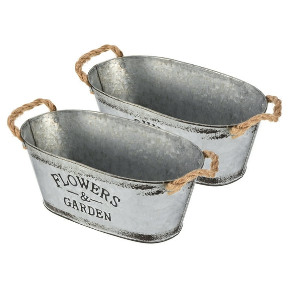 Uxcell 9.45"x4.92" Oval Metal Bucket with Rope Handles Flowerpot Planter Container, 2 Pack