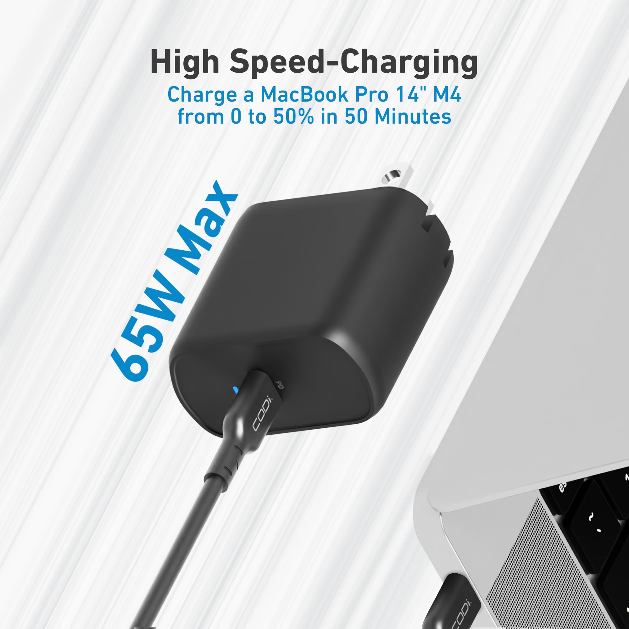 CODi 65W GaN USB-C Wall Charger with USB-C to USB-C Cable – Fast PD Charger with PPS & LED Indicator – Compact Adapter for Laptops, Tablets & Phones