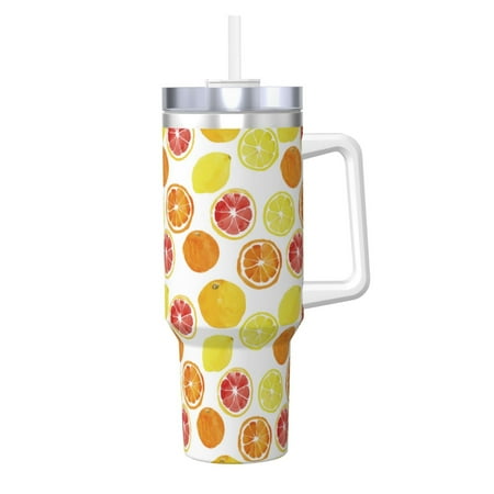 

Gaeub Lemon Orange Print Stainless Steel Hot/Cold Coffee Cup 40oz Ice Bully Cup With Handle And Straw Travel Coffee Cup