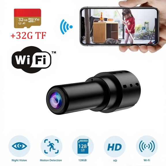 FFORCE 1080P Mini Surveillance Camera with WiFi Connectivity, Audio Video Capability, 32GB Memory Card Day Night Vision, Smartphone Alert, Small Size for Covert Monitoring