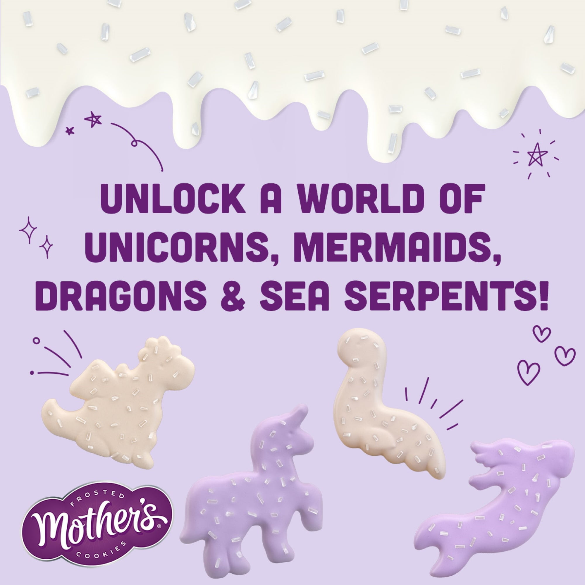 (3 pack) Mother's Sparkling Mythical Creatures Cookies, Frosted Animal Cookies with Silver Sugar Sprinkles, 1 Resealable Bag  9 oz