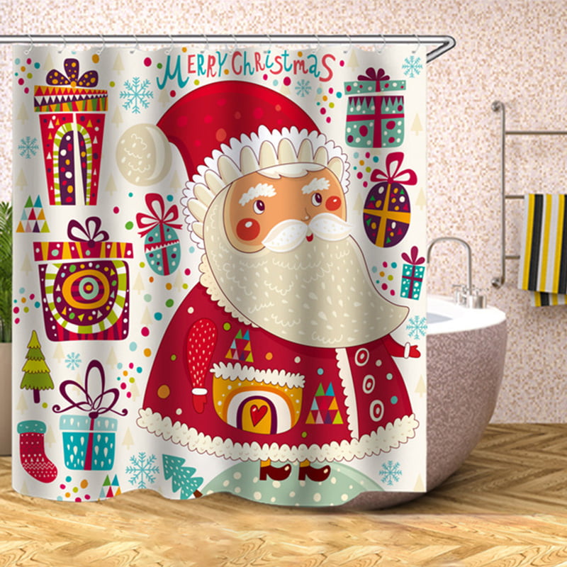 Cute Santa Claus Merry Christmas Shower Curtain Bathroom Decor & 12hooks 71*71in 