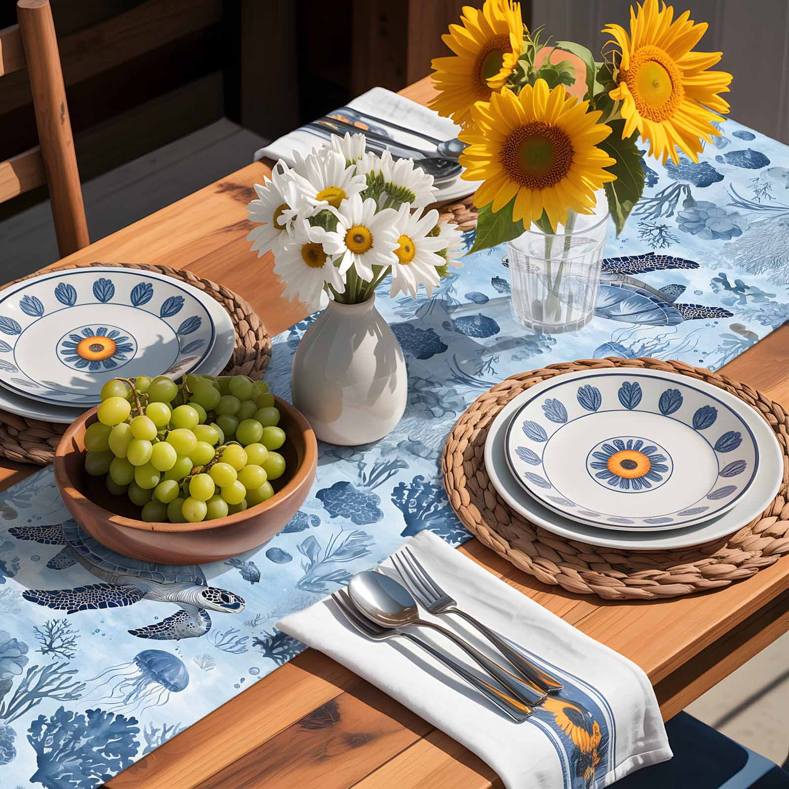 Sea Turtle Jellyfish Blue Ocean Table Runner 90 Inches Long, Coral Marine Life Table Runners Tabletop Scarf Kitchen Dining Tables Decoration for Home Party Indoor Outdoor