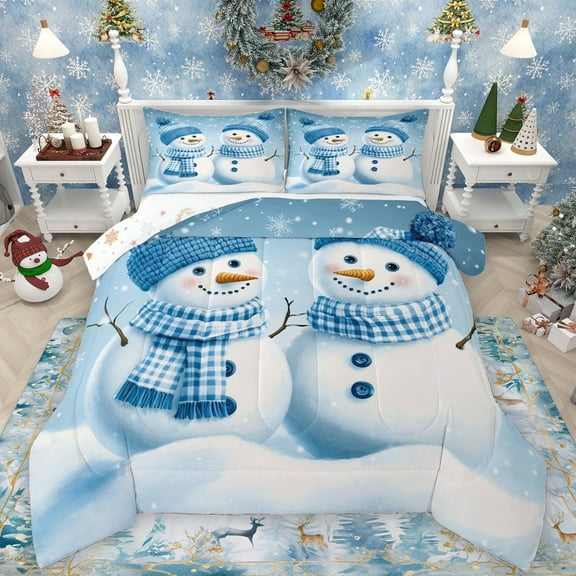 Manfei Kawaii Christmas Snowman Bedding Comforter Set,Merry Xmas Twin Comforter Sets,White Blue Bedding Set For Kids,Microfiber Bedroom Decor Reversible,2pcs