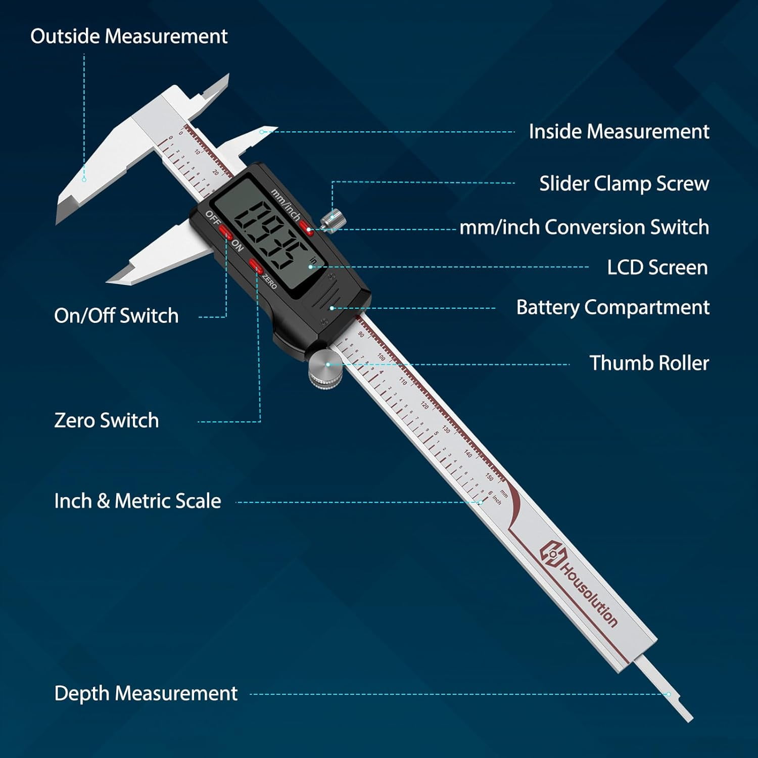 Digital Caliper 6 Inch, Caliper Measuring Tool with Large LCD Screen, Inch/MM, 4 Measuring Ways, Auto-Off LCD Stainless Steel Micrometer Vernier Caliper for Printing Jewelers Woodworkers