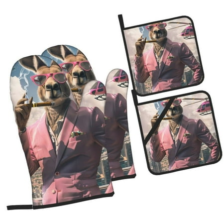 

Tebeau Stylish Kangaroo In Suit Print 4 Pcs Oven Mitts and Pot Holders 500°F High Heat Resistant Kitchen Oven Mitts with Pot holders Long Oven Mitts for Baking and Cooking