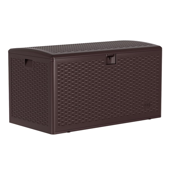 GOCAPTAIN 73 Gallon Deck Box, Lockable Resin Outdoor Storage Box, Waterproof Outdoor Organizer for Patio Cushions, Garden Tools, Pool Supplies, Brown, Woven Strap