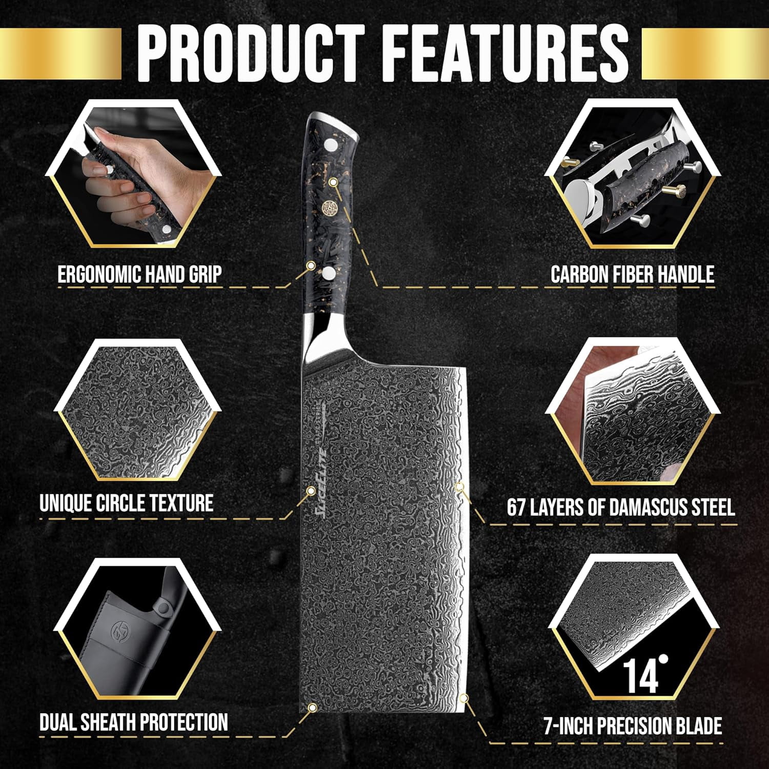 Elite Series 7-Inch Meat Cleaver Knife –Damascus Steel VG10 Core Carbon Fiber Handle with Dual Sheath Polymer & Leather | Butcher Knife for Meat Cutting & Chopper (Cleaver Knife with Leather Sheath)