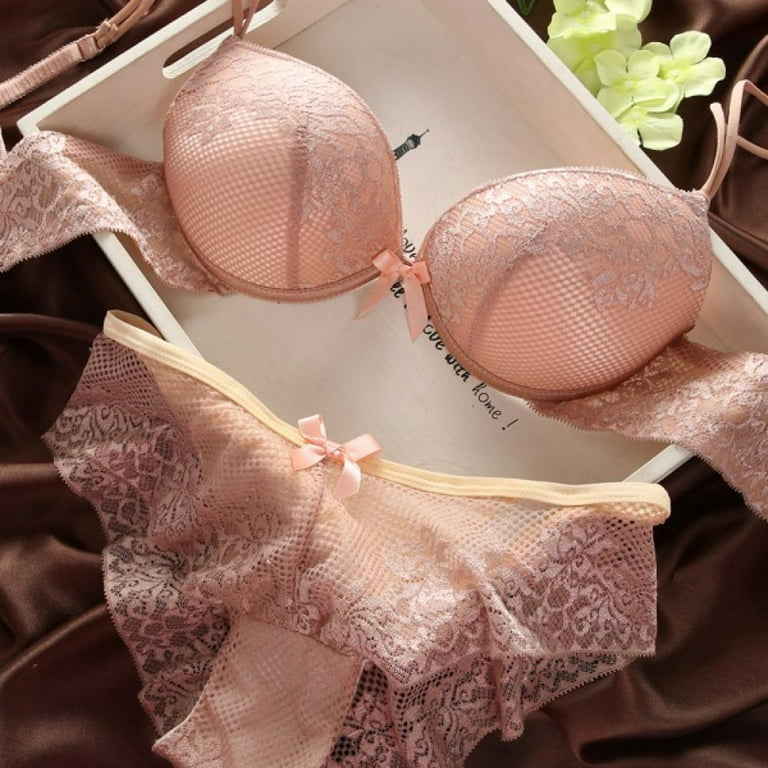 Wuffmeow Sexy Women Lace Bra Set Cotton Embroidery Underwear Push Up Bra  and Briefs,Pink,34B