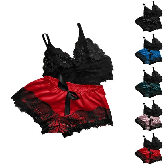 HaiMao Women's Plus Size Set Spaghetti Strap Lace Trim Bralette and Shorts Sleepwear Pajama Set Red XL