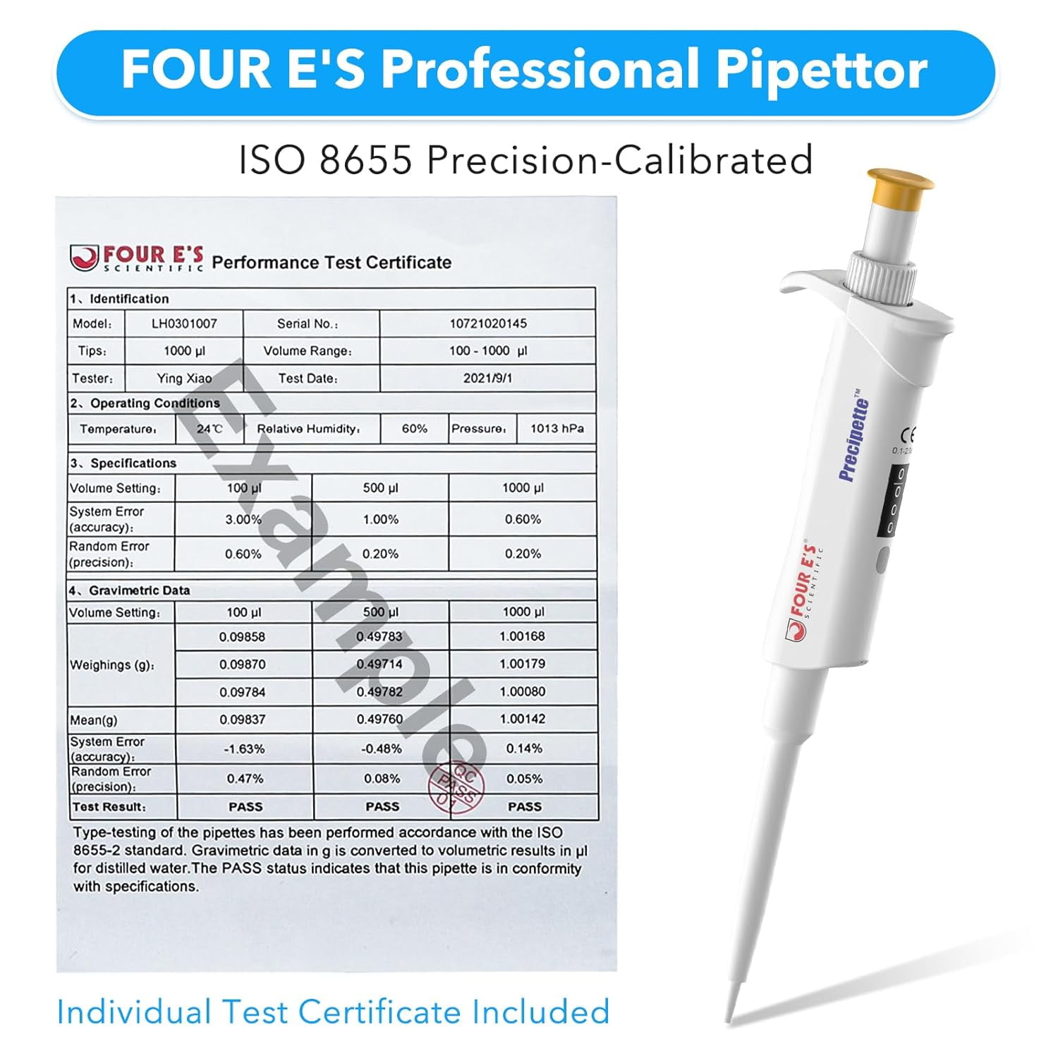 FOUR E's Scientific 0.1-2μL Pipette, High Accurate Single-Channel Pipettor, Adjustable Variable Volume Micropipette for Laboratory