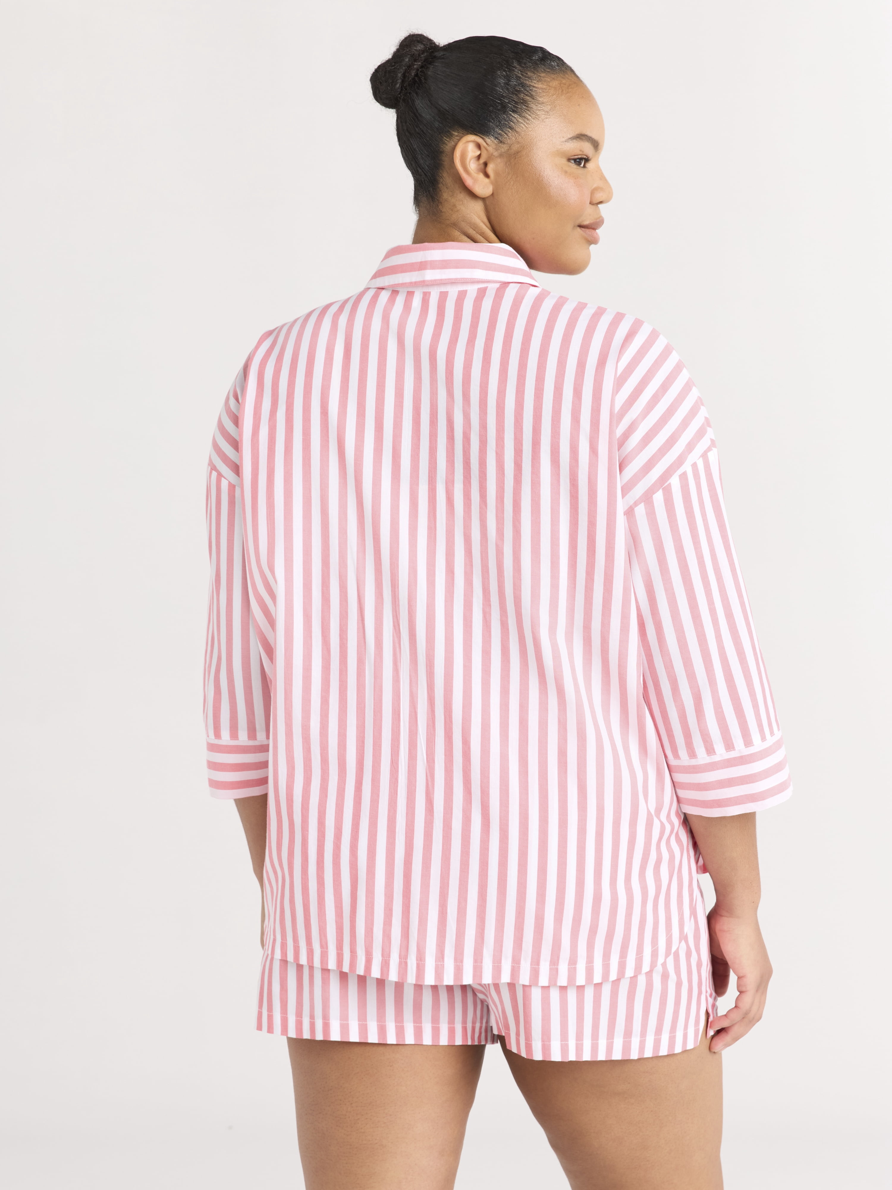 Joyspun Women’s Woven ¾ Sleeve Notch Collar Top and Boxer Shorts Pajama Set, Sizes XS-3X