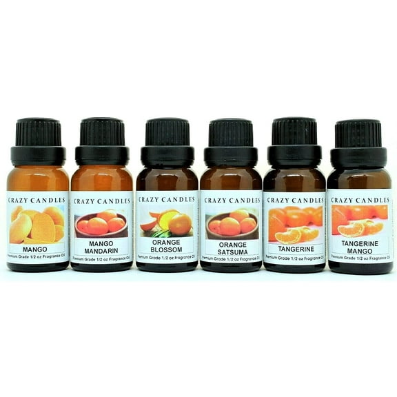 Crazy Candles 6 Bottles Set (Made in USA) Mango, Mango Mandarin, Orange Blossom, Orange Satsuma, Tangerine, Tangerine Mango 1/2 FL Oz Each (15ml) Premium Grade Scented Fragrance Oil