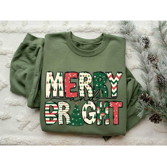 Merry and Bright Christmas Sweatshirt, Cozy Holiday Crewneck for Women and Family, Unisex Adult Casual Wear Military Green